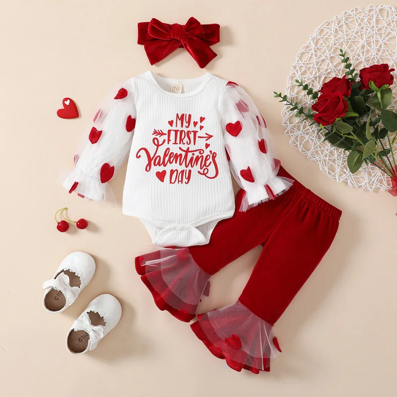 

2022-12-01 Lioraitiin 0-18M Valentine's Day Baby Girls Clothes Letter Heart Print Mesh Sleeve Crew Neck Romper Flare Pant Set