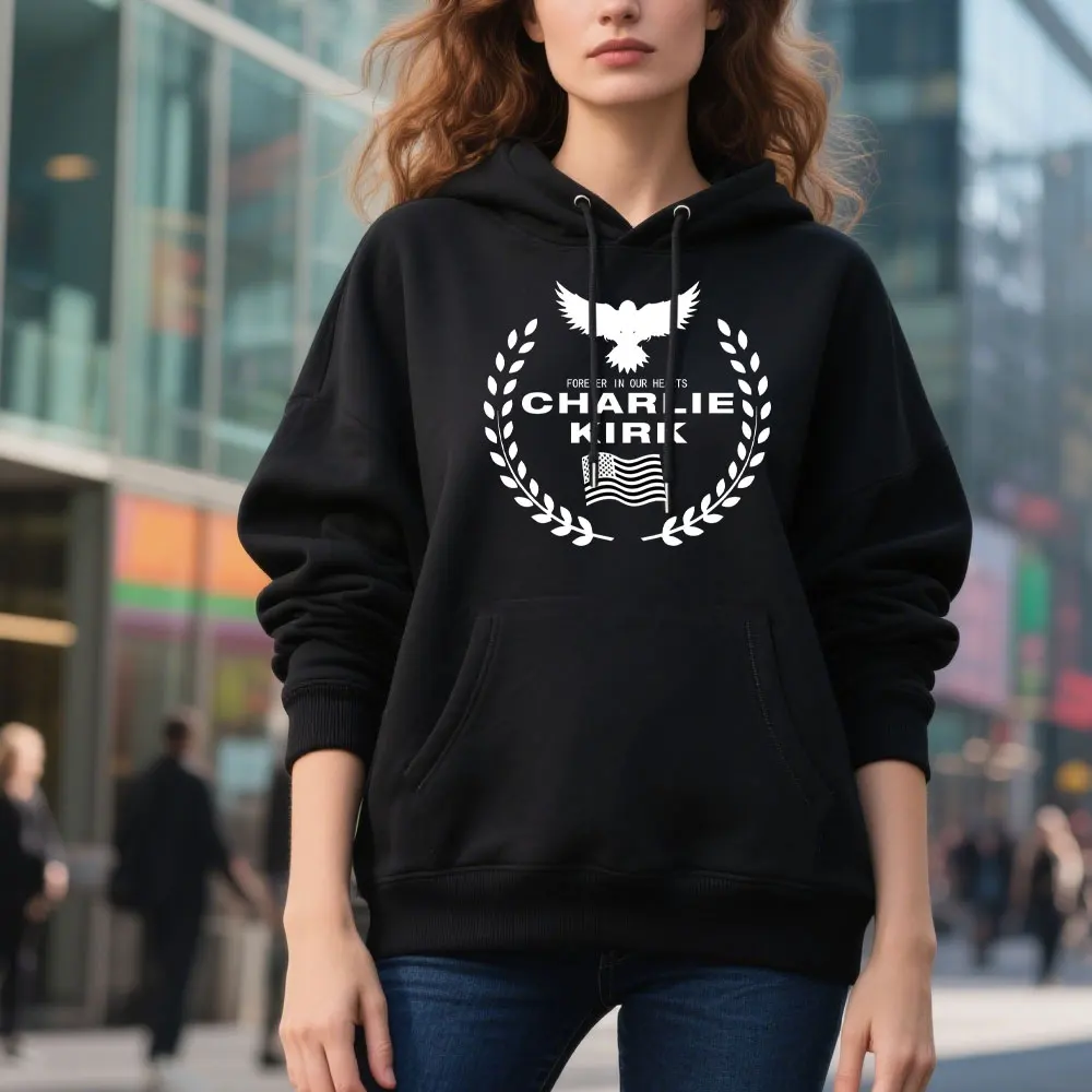 

Forever in Our Hearts Charlie Kirk Memorial Tribute Unisex Hooded Sweatshirt A True Patriot Charlie Kirk Men Women Sweatshirt