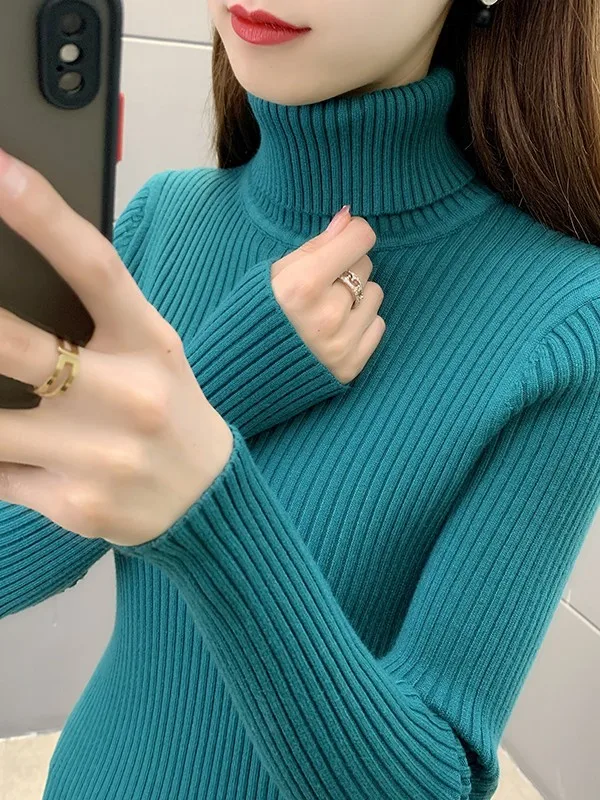 Suéter de Punto de Manga Larga con Cuello Alto ueso para Mujer, Estilo Nuevo de Otoño Invierno, Csa Interior Cálida y Fá...