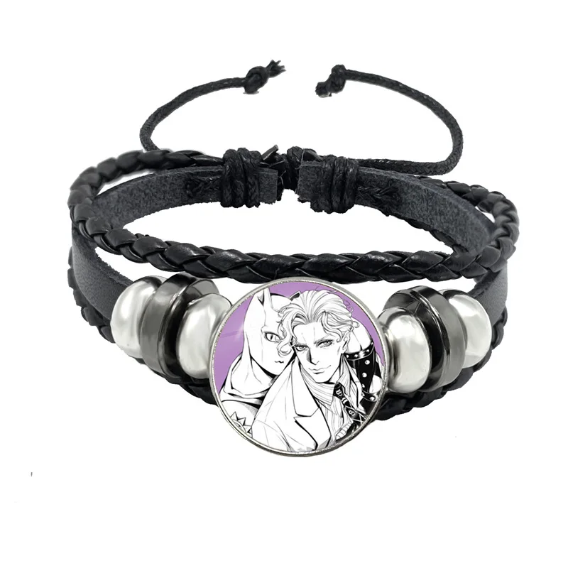 Fashion JoJos Bizarre Adventure Bracelet Kujou Jotarou Hot Anime Figures Glass Button Badge Multilayer Leather Bracelets Gift