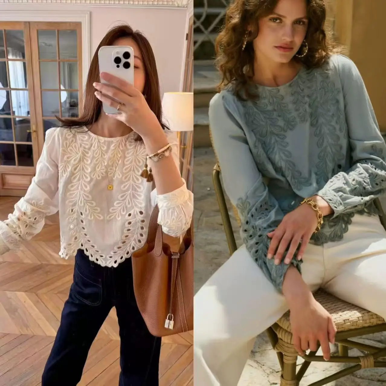 

French Sle Cotton Long Sve round Ne Hollow out Embroidery irt Women Irregular Hemline Heavy Work Autumn Winter New