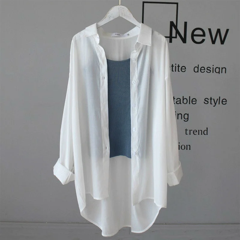 

Women Cardigan Long Cotton Loose Shirt Summer White Black Casual Blouses Korean Ladies Tops Blusas