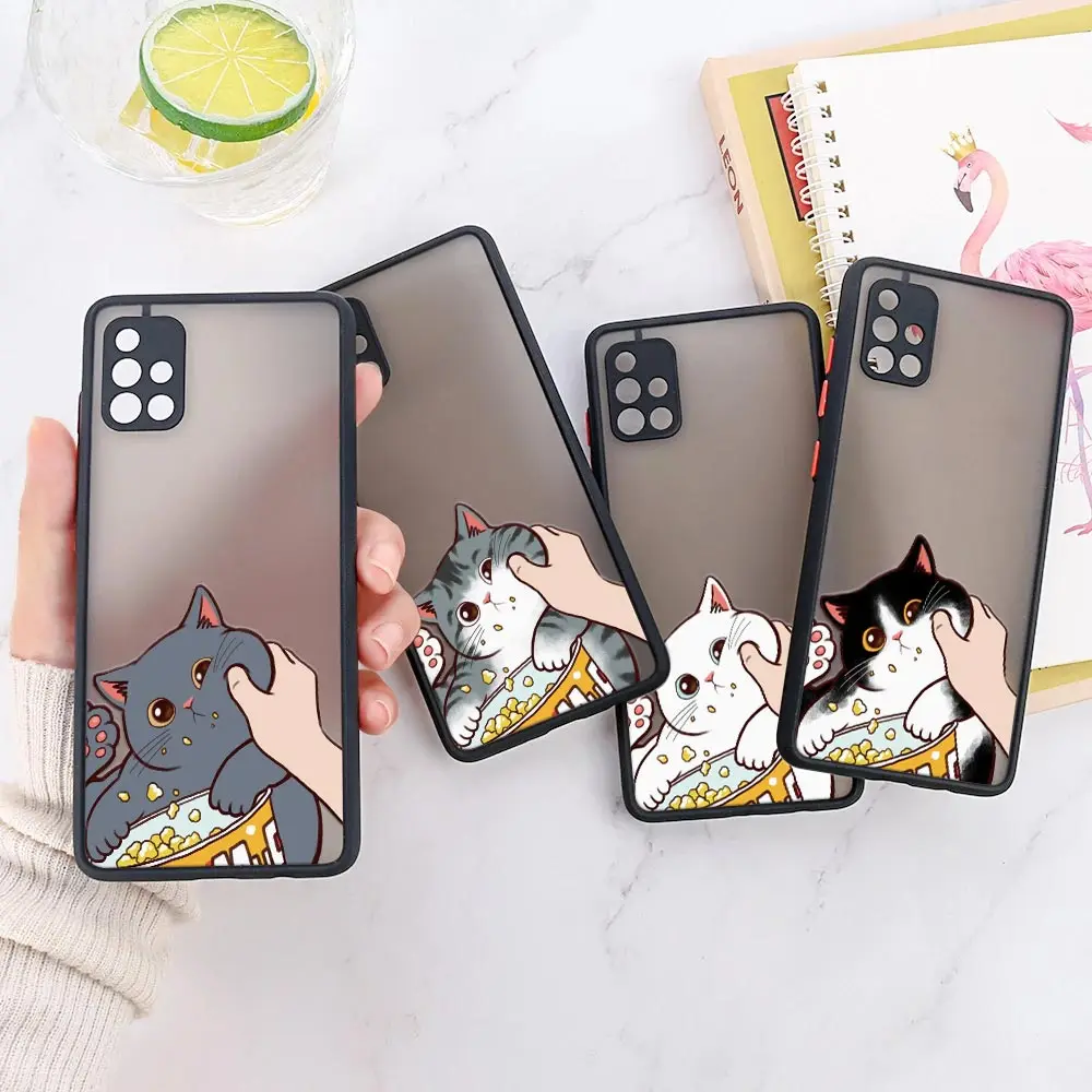 Eat Snacks Cat Cases For Samsung Galaxy A13 Coque Samsung A52 A53 A72 A73 A23 A33 21S A52s A32 A51 Matte Covers Pinched Face Cat