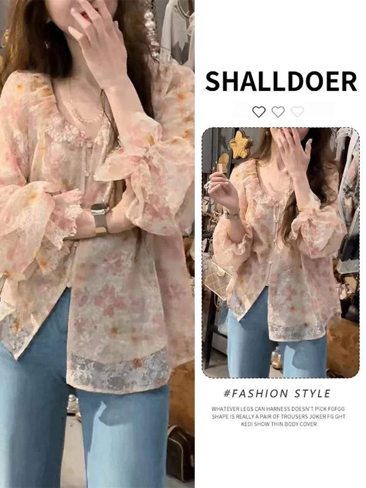 

Elegant Floral Print Shirt Women's Spring New Style Design Sensation Lace Hemline Versatile Long Sleeve round Neck Top