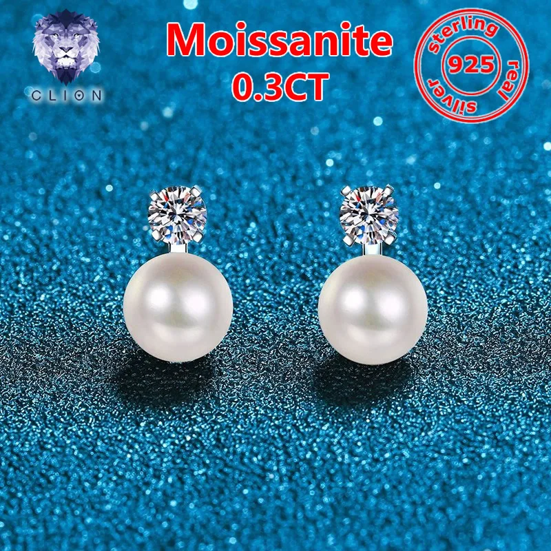 CLION Moissanite 0.3CT D/VVS Women's Earrings Natural Pearls 925 Sterling Silver with Certificate