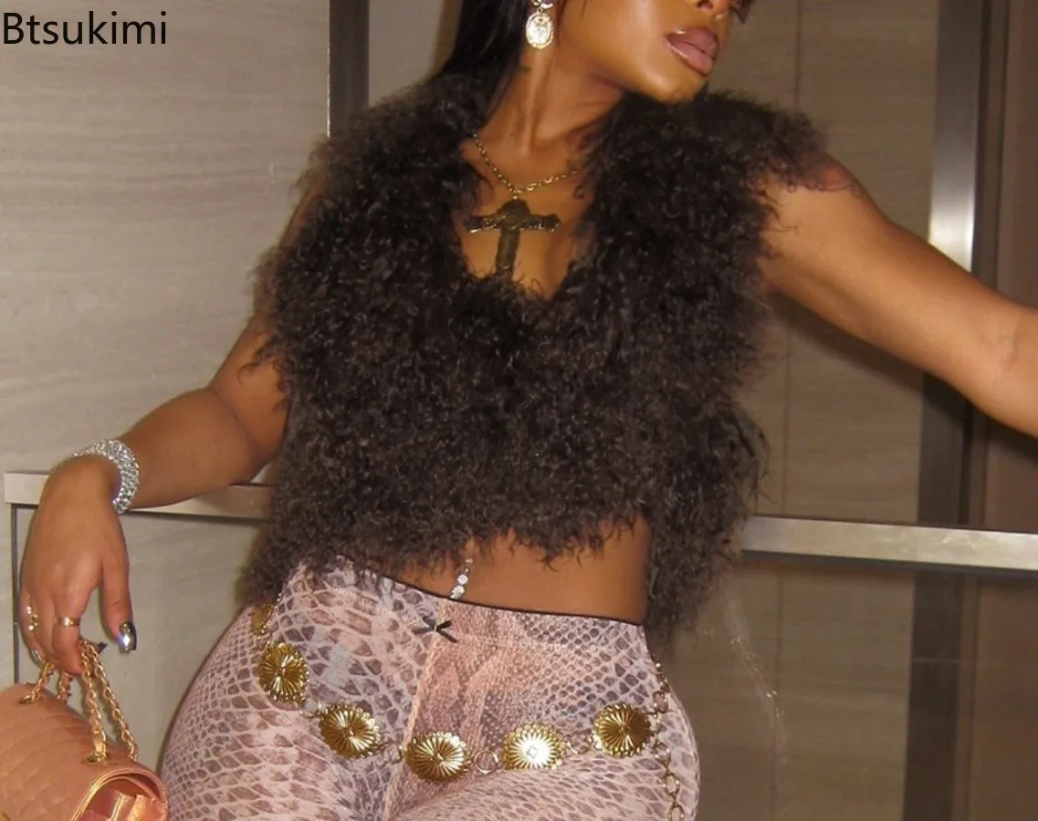 2025 Sexy Brown Faux Fur Waistcoat Women Furry Backless Bandage Halter Crop Vests Coats Fashion Warm Outerwear Y2K Streetwear