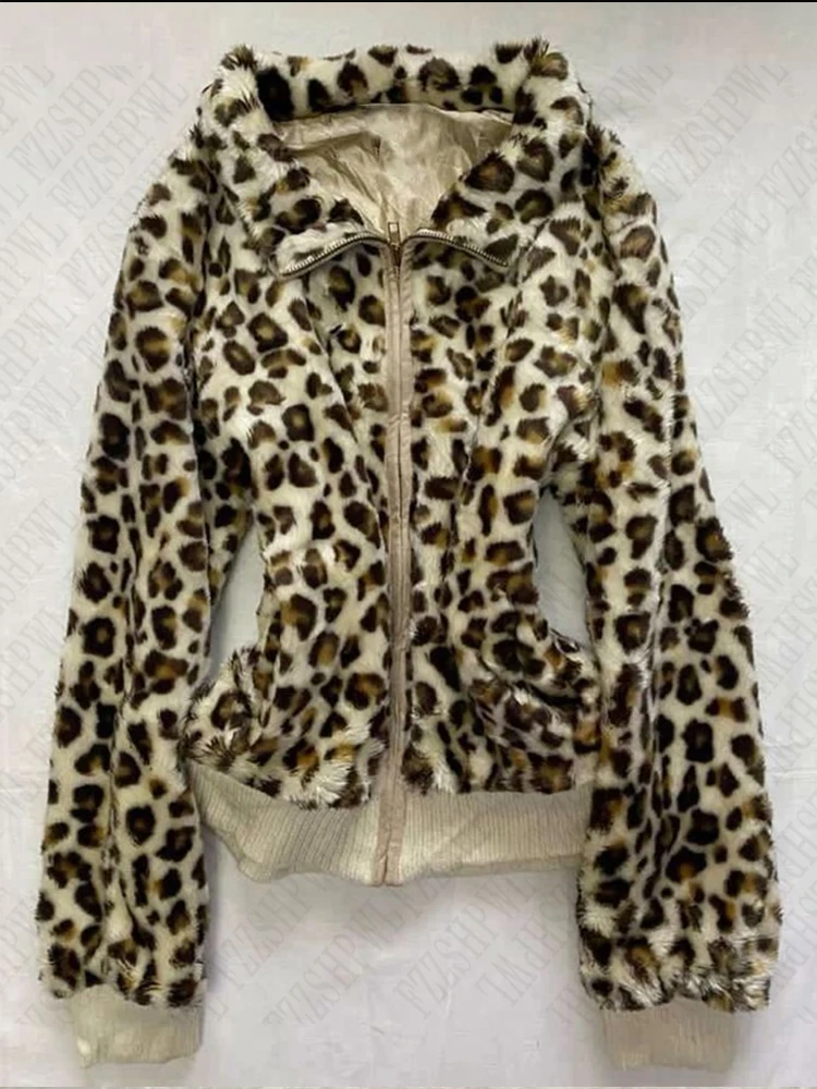 Plush Leopard Pattern Hoodie High Street Urban Beauty 90S Tops Trash Punk American Hip-Hop Rock Retro Chic Casual Women's Hoodie