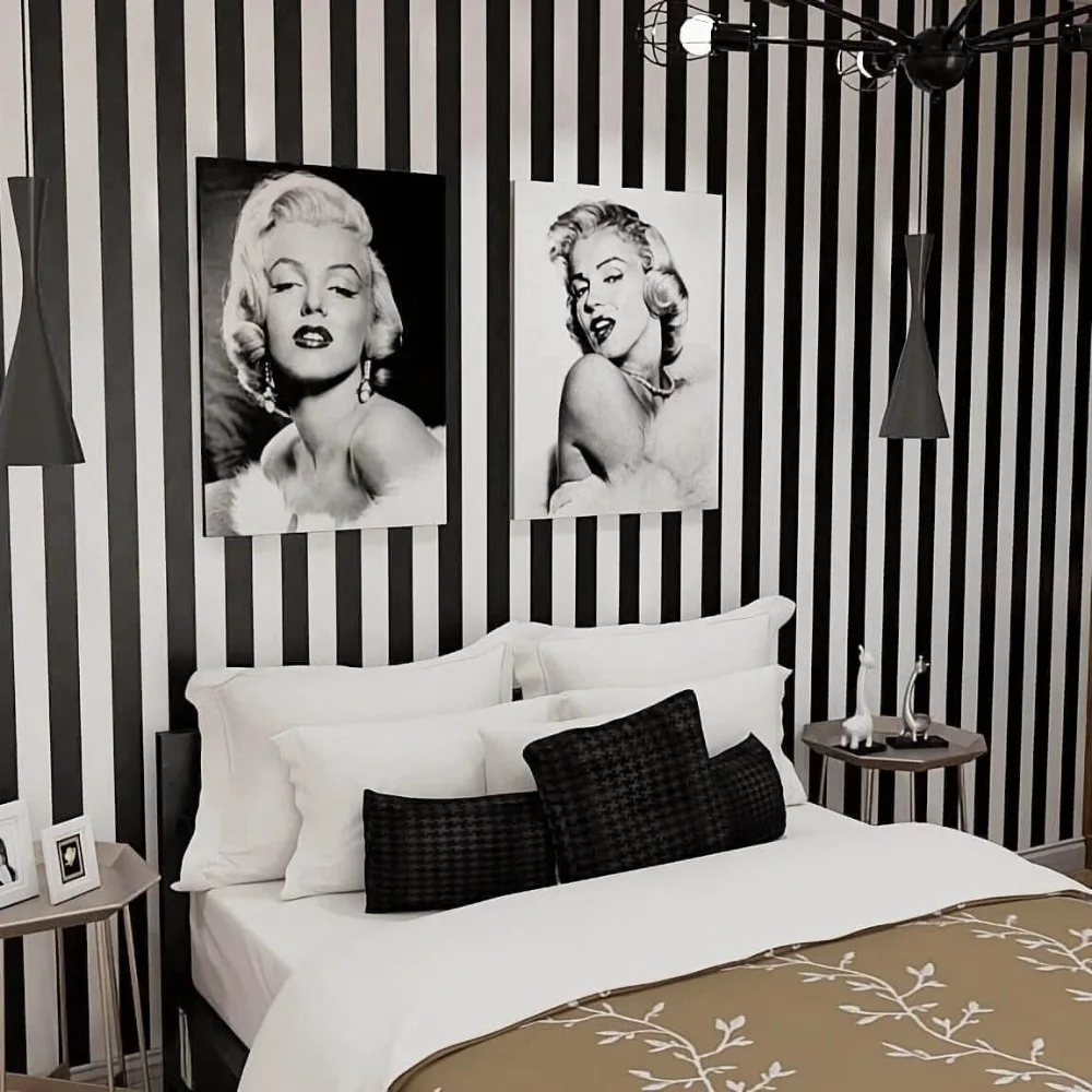 ورق جدران مخطط مقاوم للماء وقابل للإزالة ذاتي اللصق باللونين الأبيض والأسود للخزائن والأرفف والجدران - سهل التقشير والالتصاق