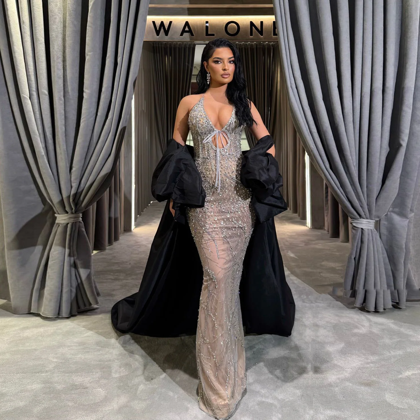 스파클 장식 여성 드레스 프릴 긴 Tulle 댄스 파티 드레스 Sheer Custom Made 화려한 2 조각 파티 드레스 자켓 Pleated