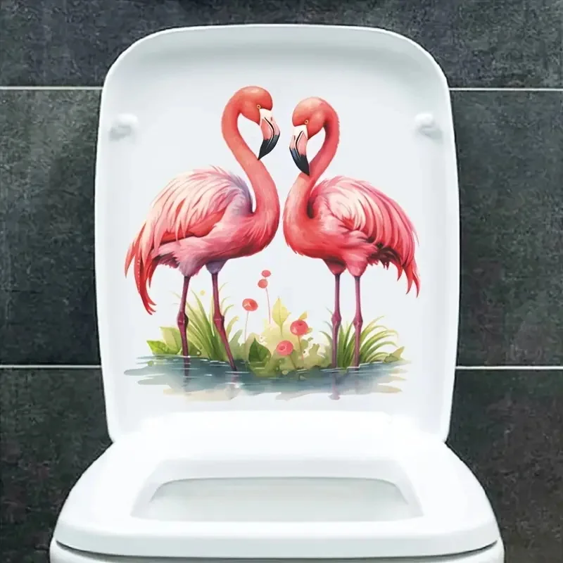 

A Pair of Flamingos Self-Adhesive Toilet Stickers,Wall Decal Removable, Reusable Vinyl Car Sticker for Toilet Lid, Bathroom