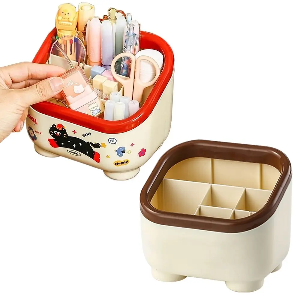 Cartoon Desktop Pen Holder Large Capacity Multi Grid Pencil Organizer Non-slip with Random Stickers Desktop Container Home