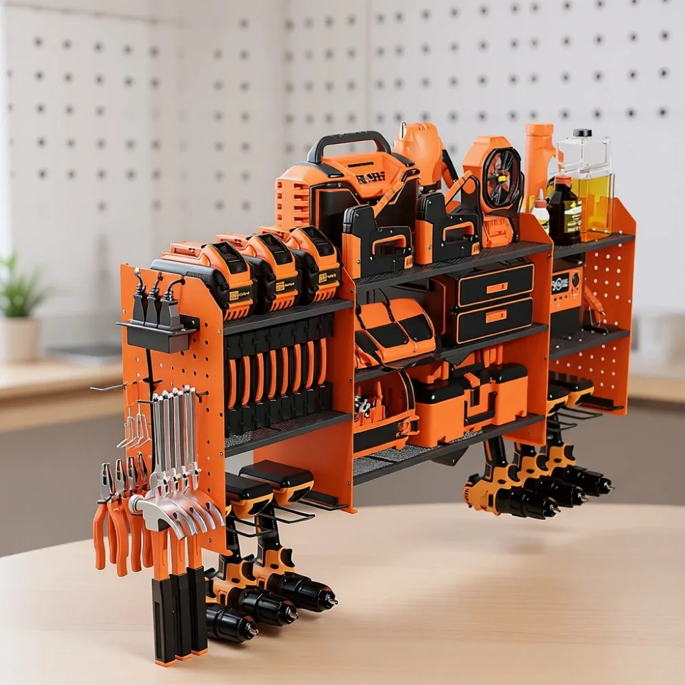 Organizador de Herramientas de Pared Grande con Estación de Carga, Estantes de Almacenamiento de 3 Niveles, Soportes para Taladros, Ganchos, para Garaje o Taller