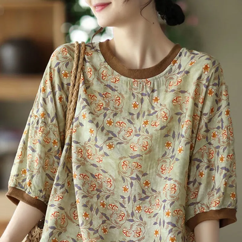 Vintage Casual Summer New Women\'s Round Neck Printing Screw Thread Patchwork Fashion Versatile Loose Half Sleeve T-Shirts Tops