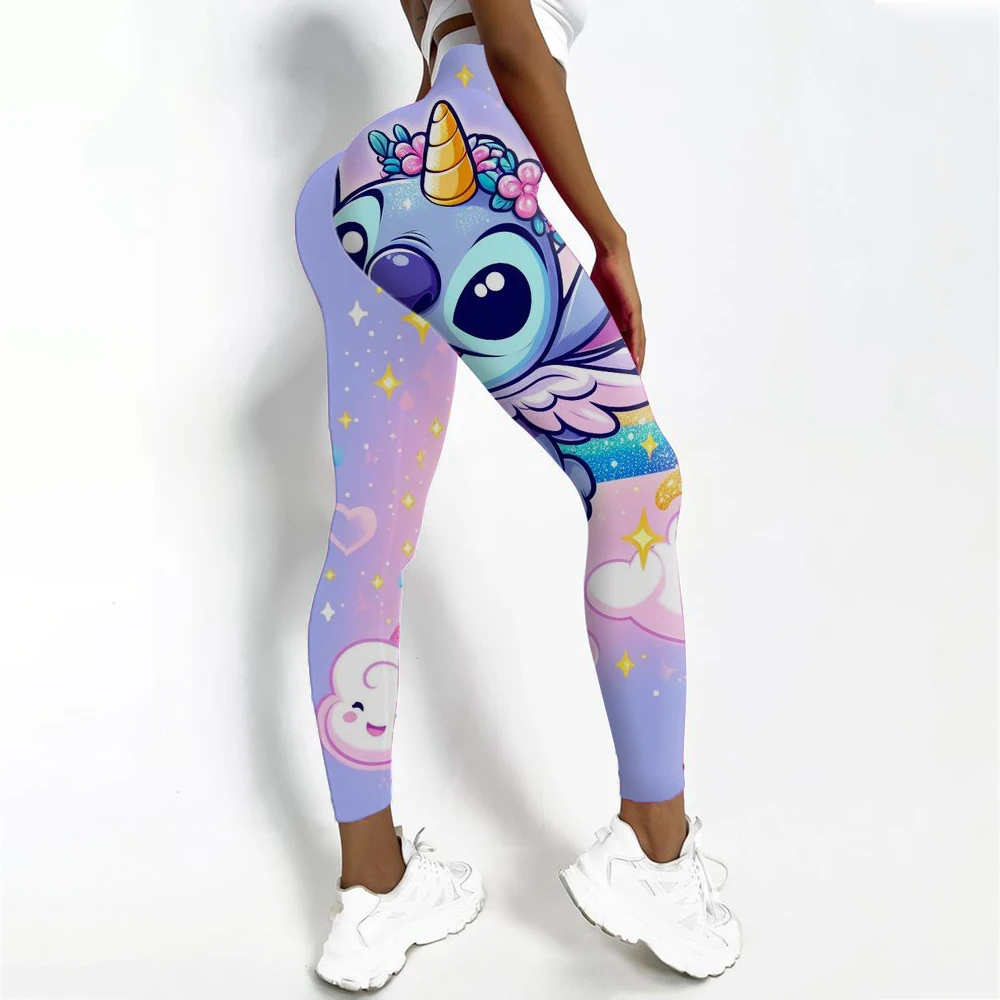 Disney Stitch พิมพ์ Checkered สตรีกีฬาและฟิตเนสกางเกงขายาวผู้หญิง Tiedye GYM Leggings Mujer Push Up Booty กางเกงฟิตเนส