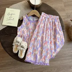 Children's Clothing Sets Floral Print Sleeveless Top + Wide-leg Pants 2pcs Sets Toddler Girl Clothes Kids Boutique Clothes