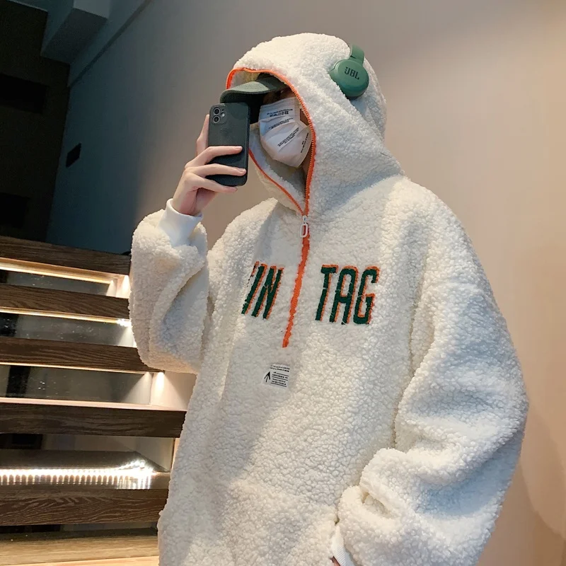 

Мужская толстовка из овечьего флиса с капюшоном, осенне-зимняя, свободного кроя, утепленная, в американском ретро-стиле, с флисовой подкладкой, теплая верхняя одежда, повседневная, с принтом