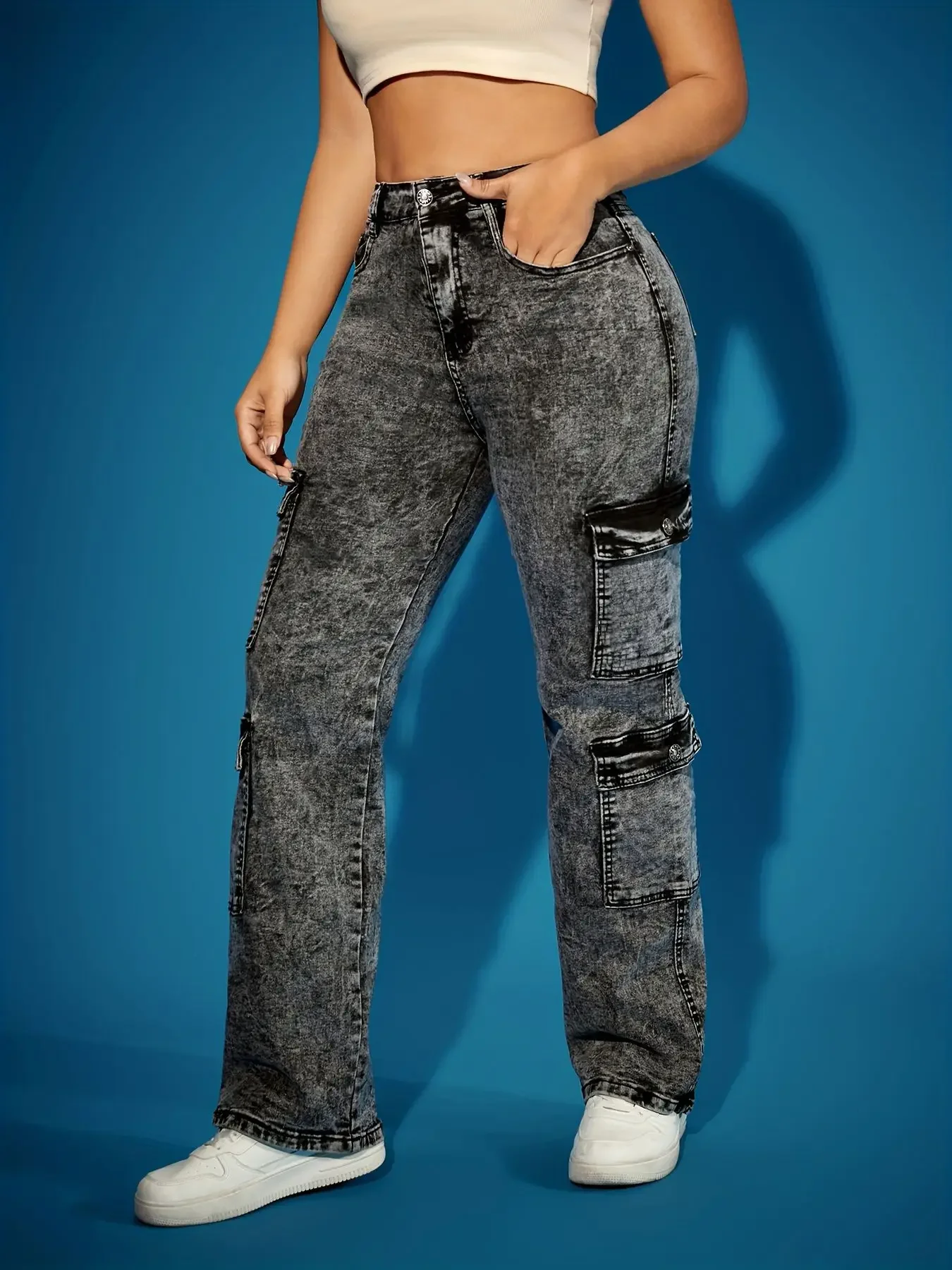 Y2K Baggy-Cargohose mit hoher Taille für Damen, Stretch-Denim-Hose mit mehreren Taschen, lässige Vintage-Streetwear
