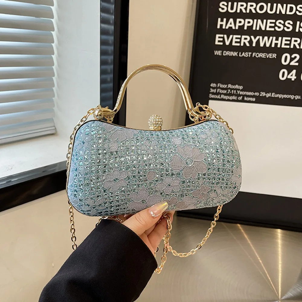 أنيقة فاخرة مساء مأدبة حقيبة لامعة حجر الراين صندوق حقيبة كتف زهرة معدنية مقبض علوي سلسلة حقيبة كروسبودي الزفاف #3