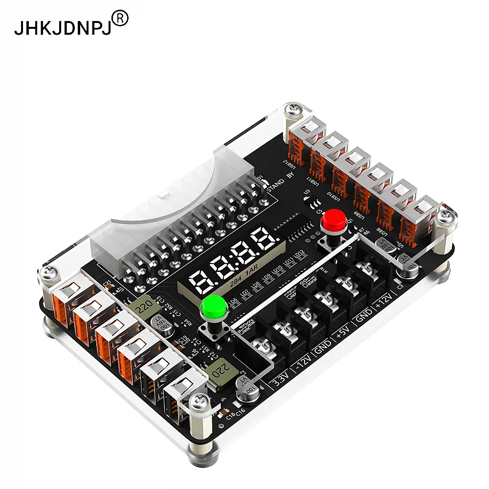 ATX Power Supply Breakout Board and Acrylic Case Kit with 3.3V, 5V, 12V,-12V Output Voltage and 12 ports USB, 3A Maximum Output
