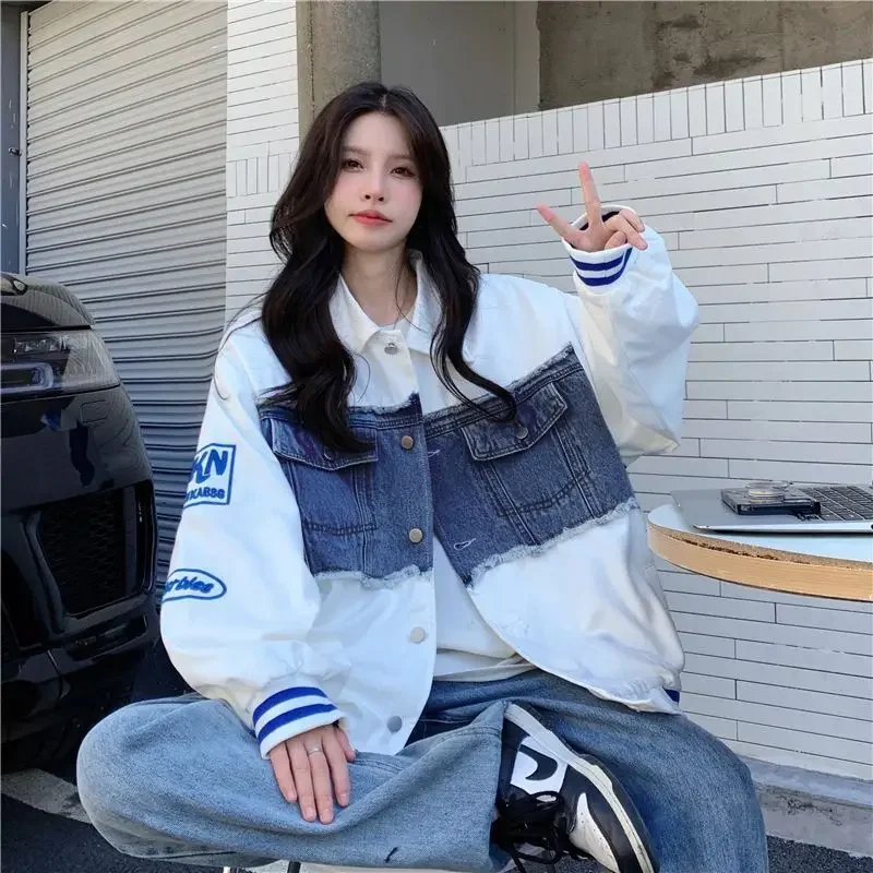 Denim Jacket Embroidered Baseball Uniforms Bomber Jackets Streetwear Harajuku Y2k Tops Trench Coats Hip Hop Long Sleeve Coats