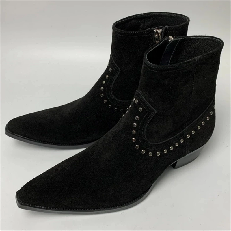 Rivets Suede Genuine Leather Pionted Toe Yappi Chealsea Boots Handmade Customized wedge Dress Quality Botas