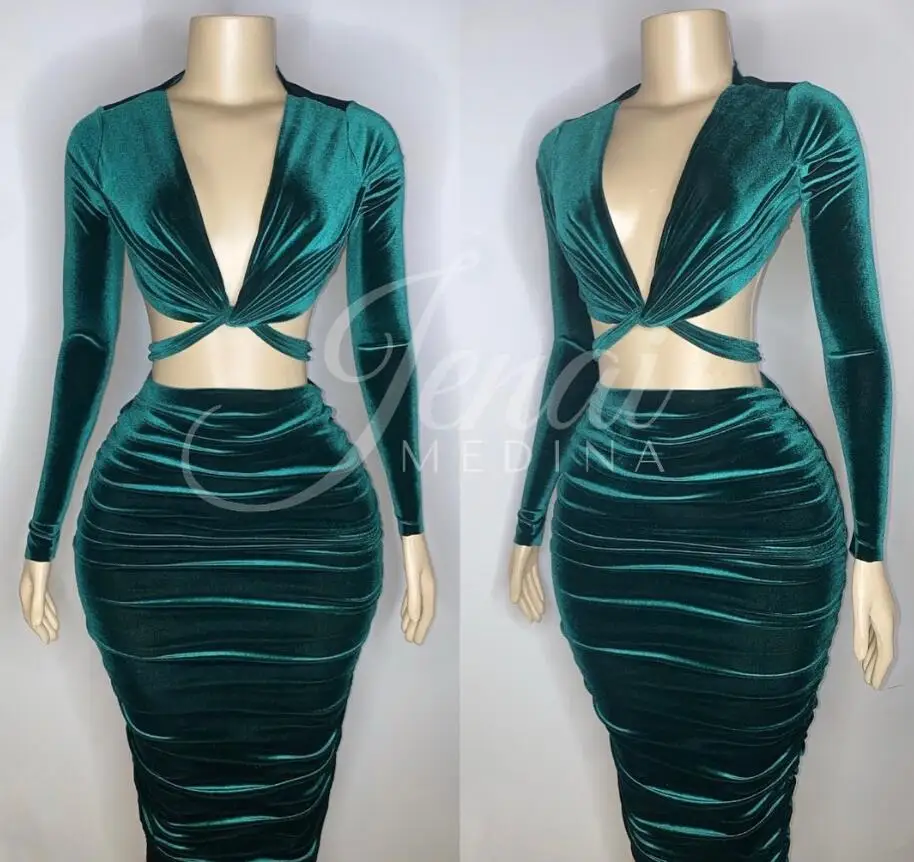 Hunter Green Velvet African Cocktail Party Dress Long Sleeve Cut Knee-length Short Prom Cocktail Gown vestidos de gala mujer