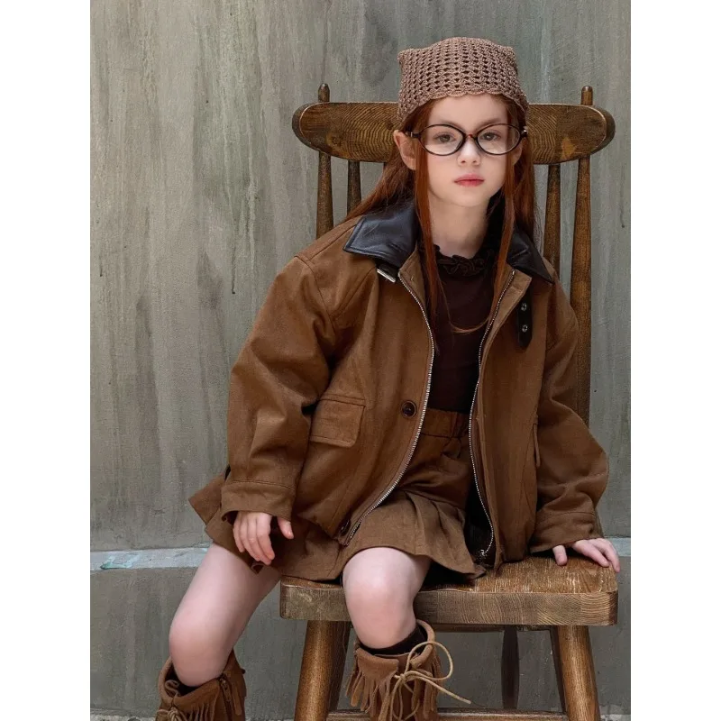 

2025 Girls' Clothing Autumn and Winter New Oak Hazelnut Bat Sleeve Waist Silhouette Jacket Pants Versatile