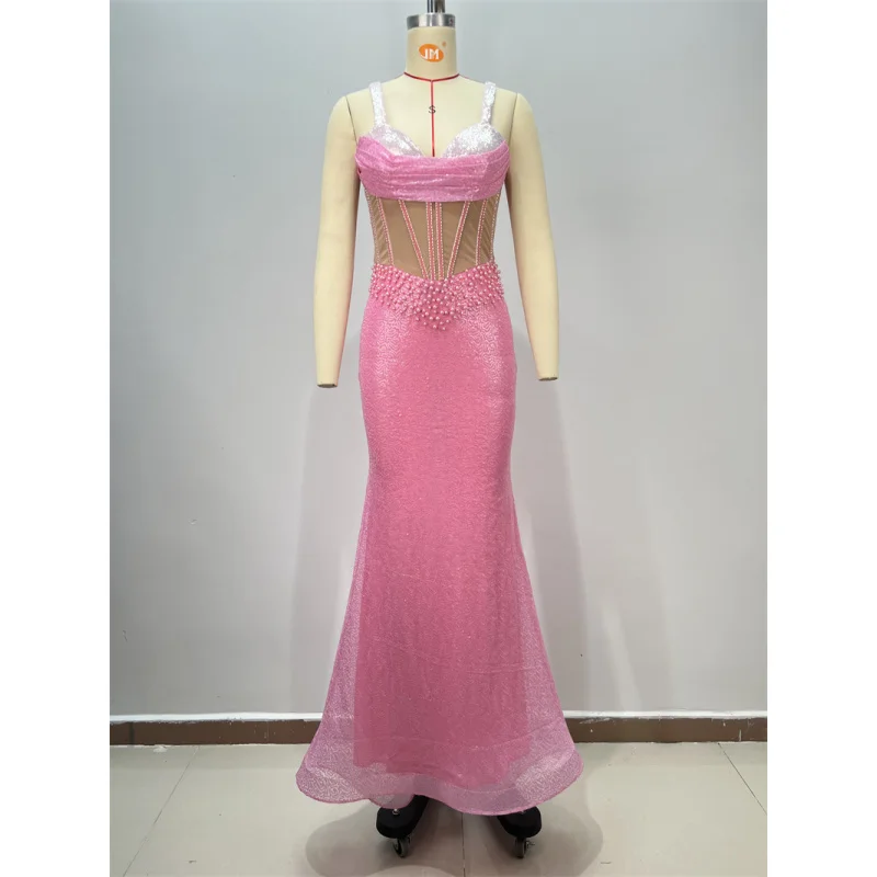 Nouveauté perlée Sexy pure rose paillettes sangle robe sirène robe de soirée européenne et américaine