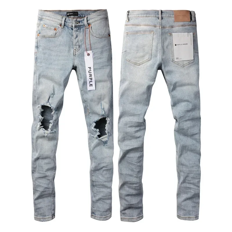 Purple brand jeans Fashion high quality light blue knee holes, slim fit, fashion, high quality repair 28-40 size pants