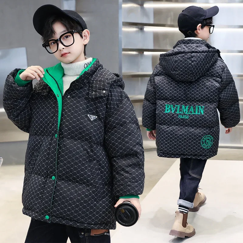 Winter Warm Boys Cotton All-Over Print Hooded Zip Long Puff Jackets School Kids Windbreaker Parka Child Coat Outfit Tops 5-14 Yr