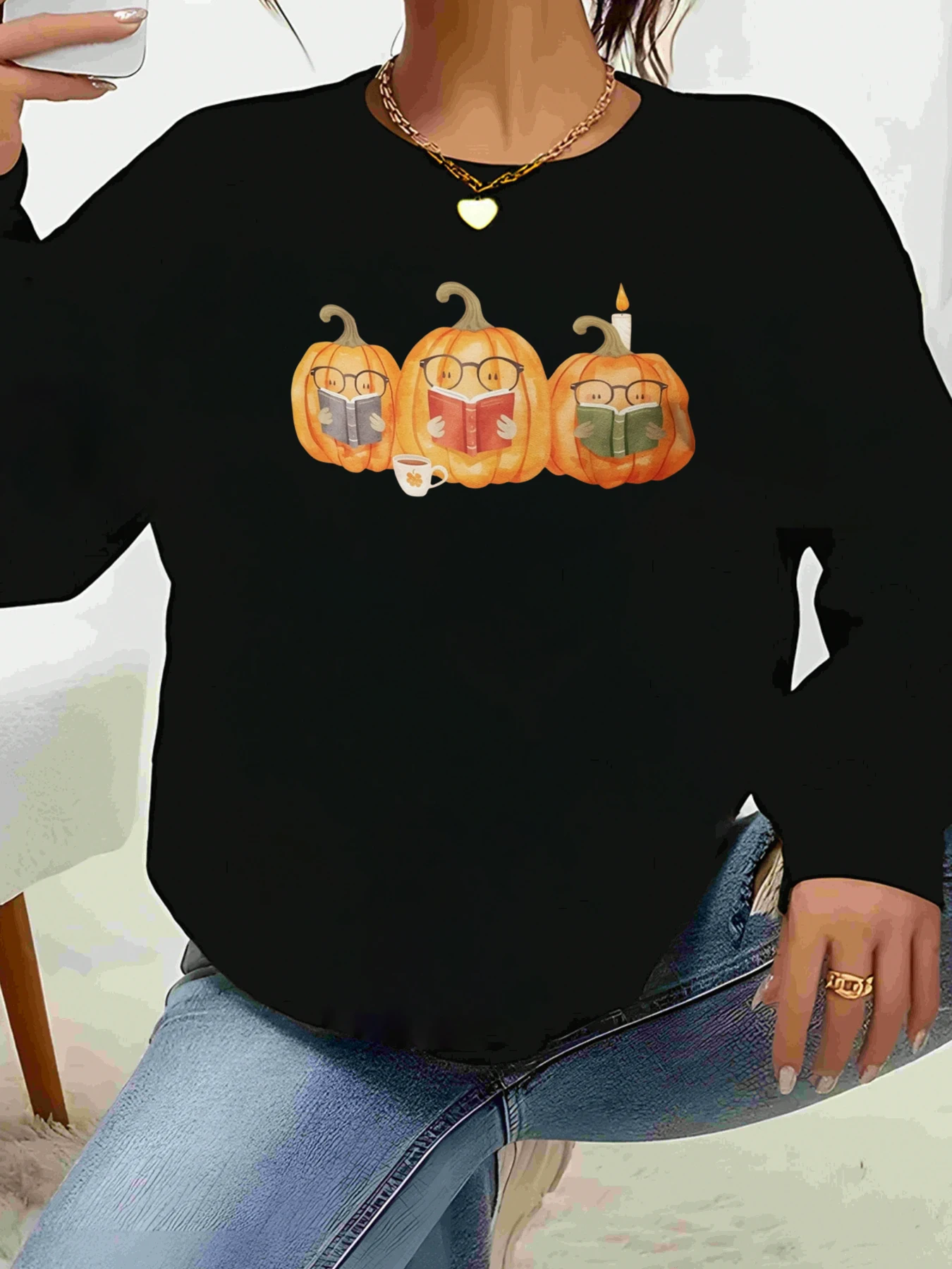 

Футболка с длинными рукавами и принтом тыквы для чтения книг на Хэллоуин, повседневный осенний женский топ