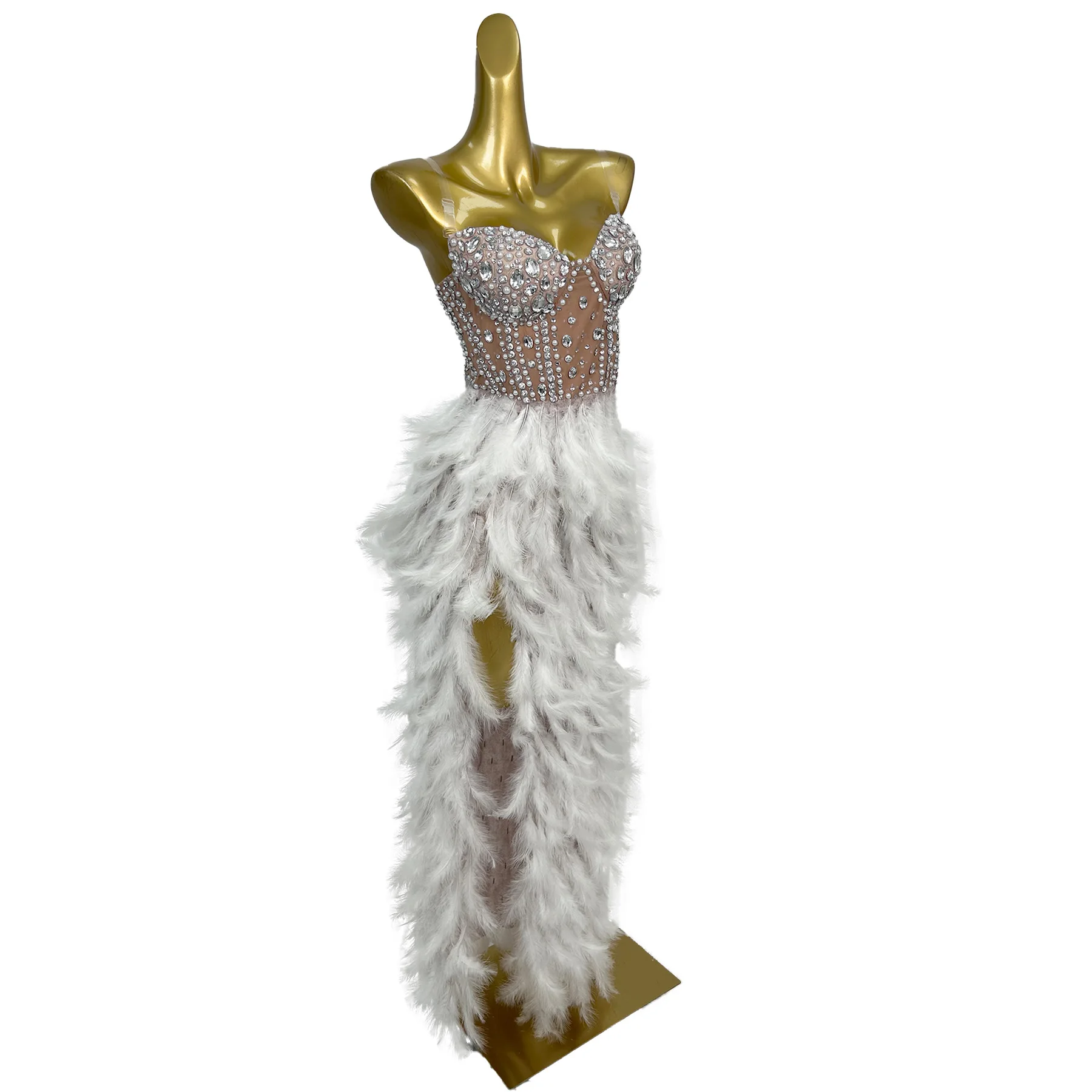 Yumao Fashion Women Rhinestone Dress Sexy Mesh Splicing Feather Slit Dress Stage Performance Dress Birthday Christmas Prom Gowns