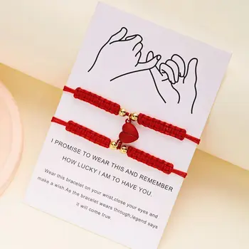 2 PCS Simple Lucky Red Rope Braided Bracelet for Women Men Romantic Heart Magnetic Couple…