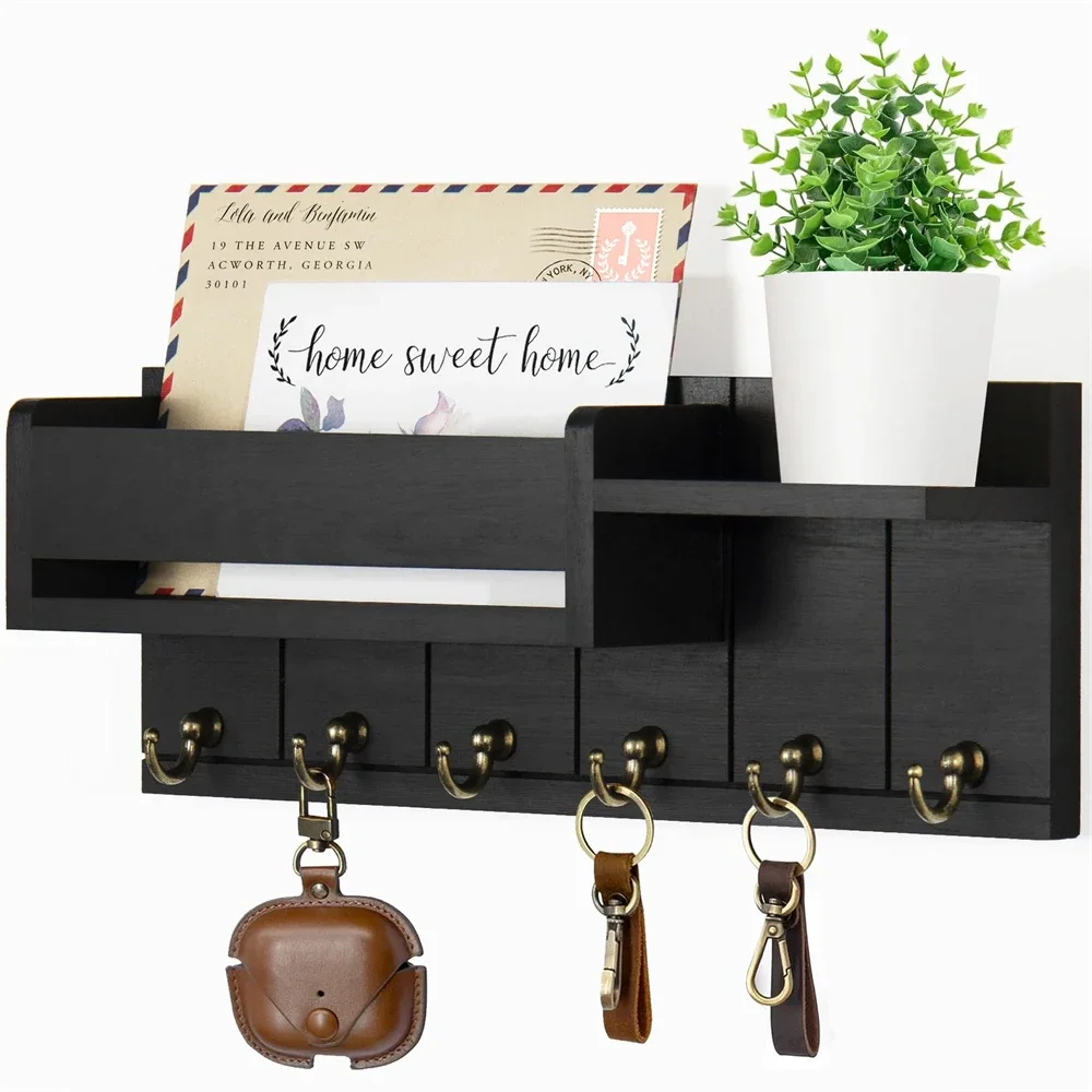 

Decorative Key Rack and Mail Organizer with 6 Key Hooks Rustic Wood Key Holder Wall Mounted with Shelf for Living Room Enterway