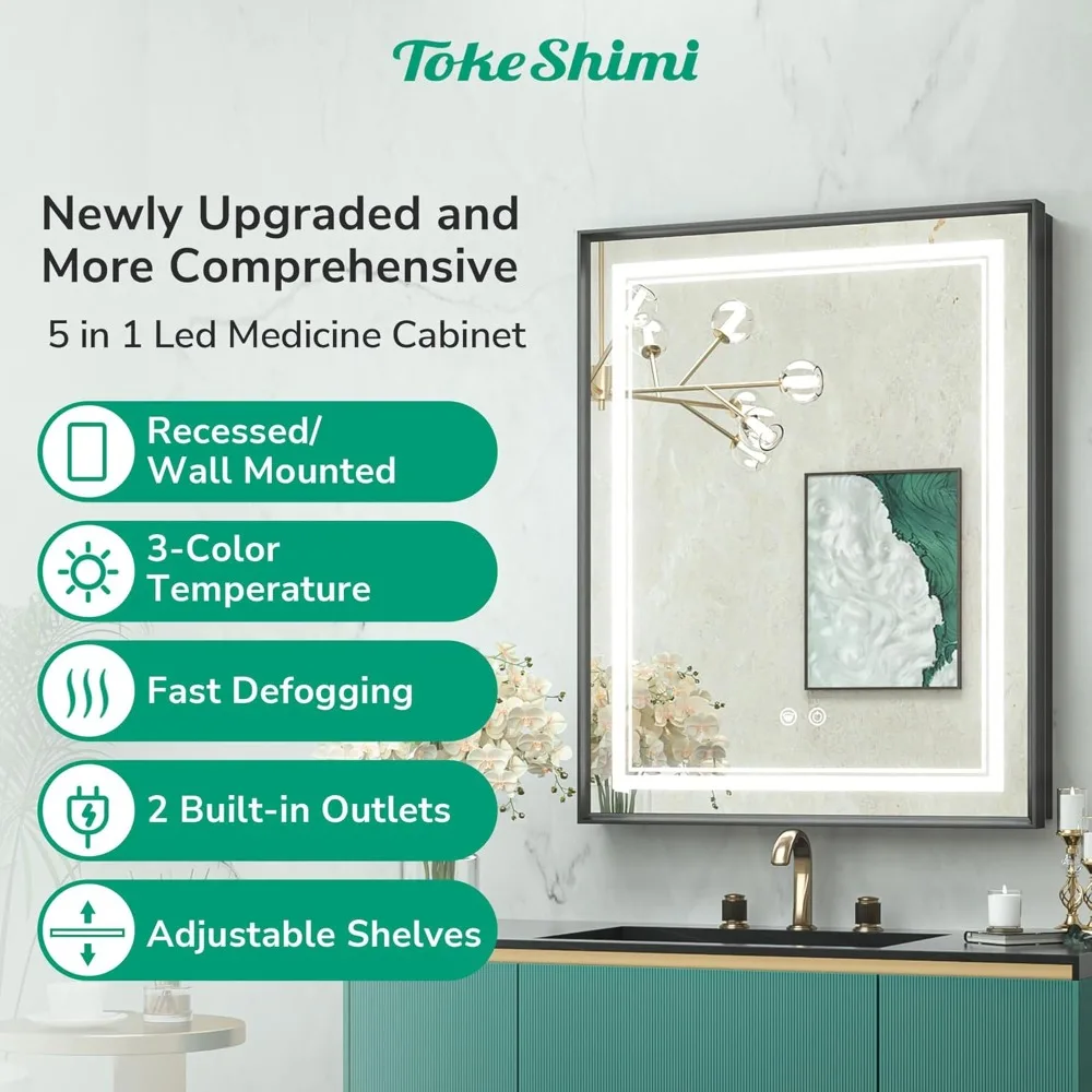 TokeShimi 20x26 Medicine Cabinet Mirror with Lights Tempered, 3-Color Stepless Dimmable Led Mirror Medicine Cabinet Defog