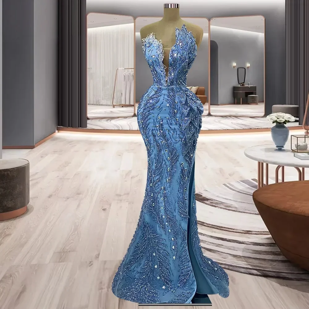 Sky Blue Long Evening Dresses Luxury Slit Beaded Saudi Arabia Dubai Robe De Soiree Middle Eastern Prom Dress Gown 2027Customized