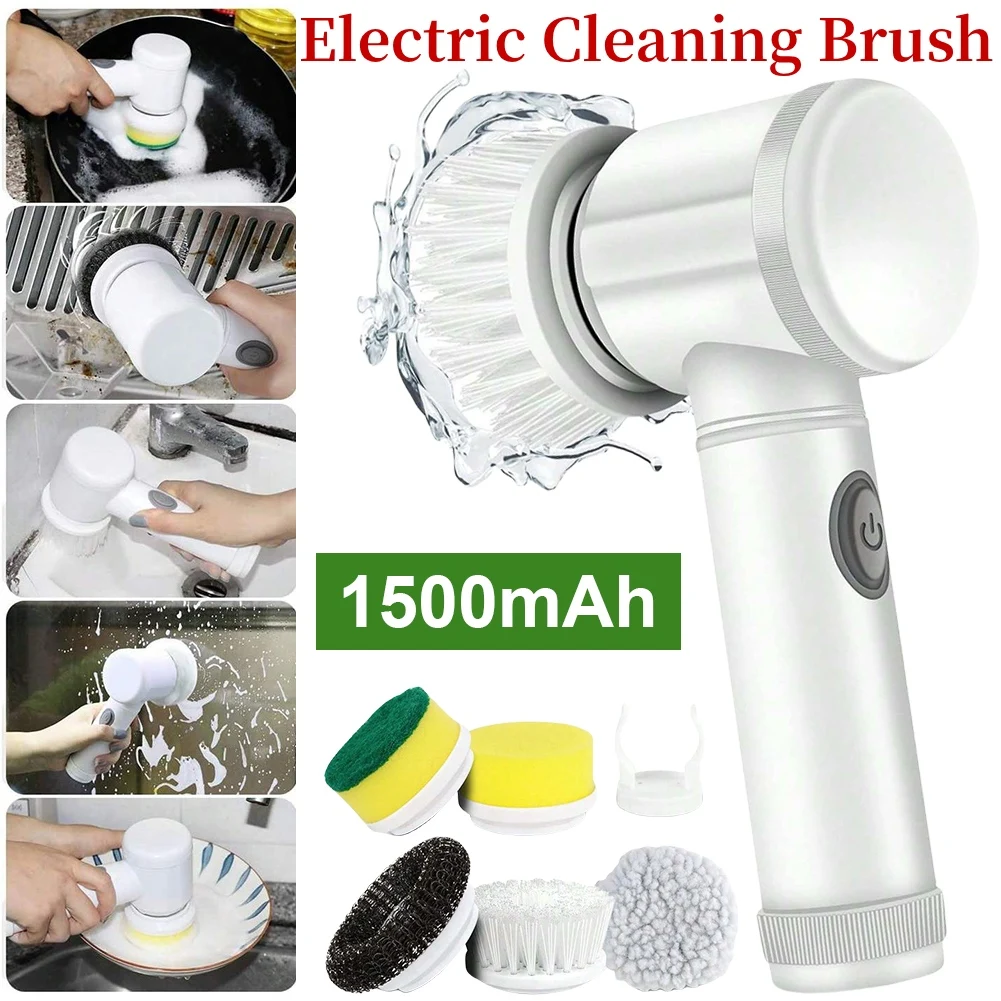 Electric Cleaning Brush With 5 Replaceable Brush Head Kitchen Power Electric Cleaning Brush Handheld Rechargeable Shower Scrubbe