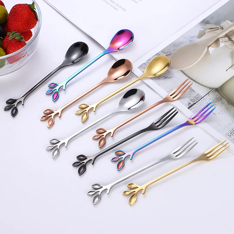 5pcs Stainless Steel Coffee Spoon Scandinavian Leaf Spoon Mixing Spoon Golden Stainless Steel Dessert Fork