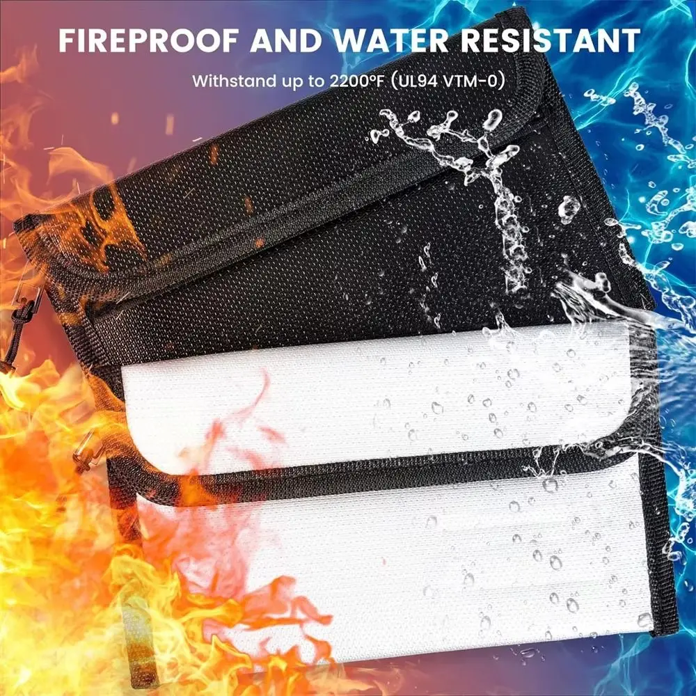 Zipper Closure Fireproof Document Bag Portable with Sticky Strip Cash Safe Storage Pouch Space Saving Waterproof