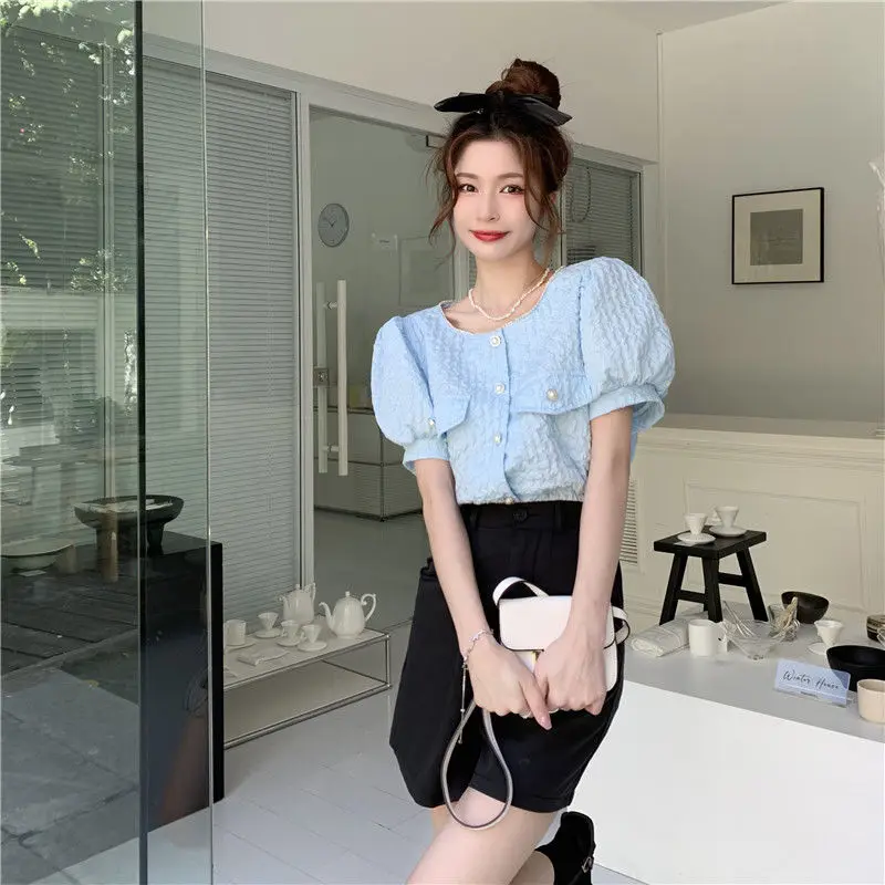 Shirts Women Solid Short Puff Sleeve Trendy Leisure Sweet Elegant All-match Crop Tops Korean Style Daily Retro Chic Females New