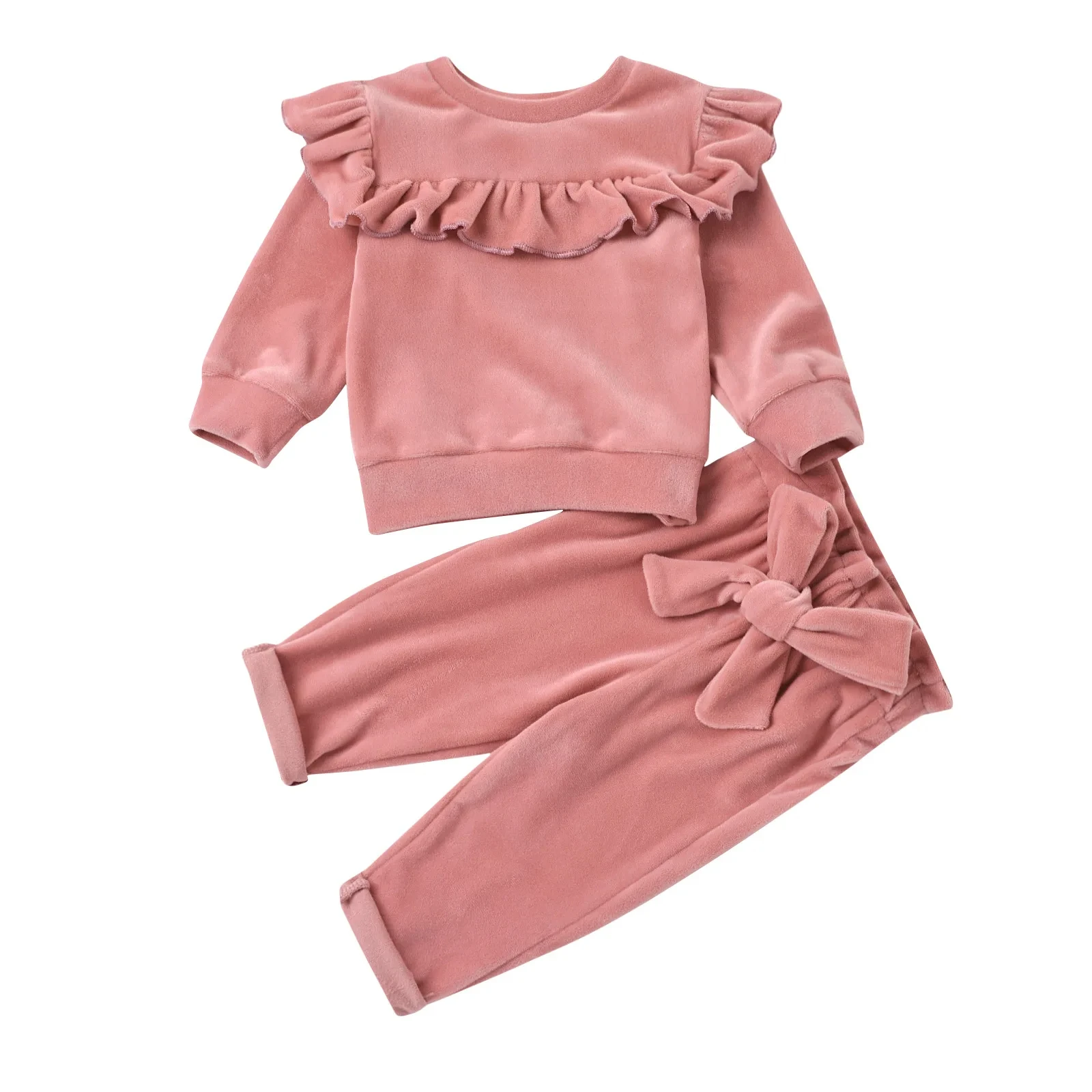 2PCS Warm Ruffle Trim Top Smooth Velvet Outfits Bow Decoration Elastic Waist Pants Girl Autumn Winter 0-3Y Kid Clothes