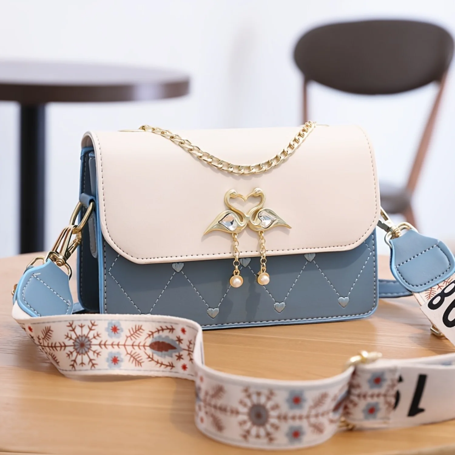 

Embroidery Detail Flap Square Bag, Women's Fashion Chain Decor Crossbody Purse With Bag Charm