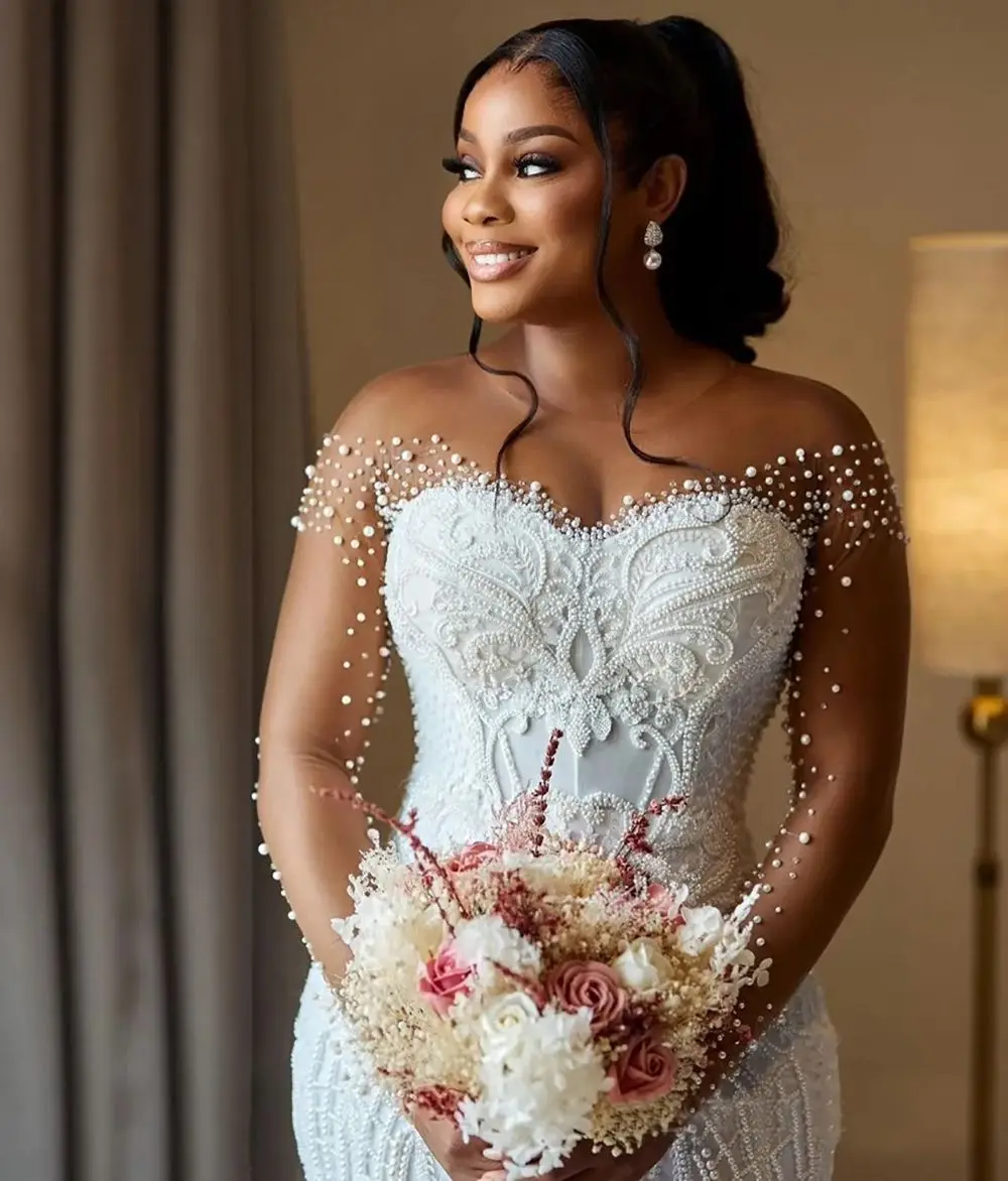 Customized Mermaid Wedding Dress Bridal Gowns For Bride Sheer Illusion Long Sleeves Appliqued Beaded Pearls Lace