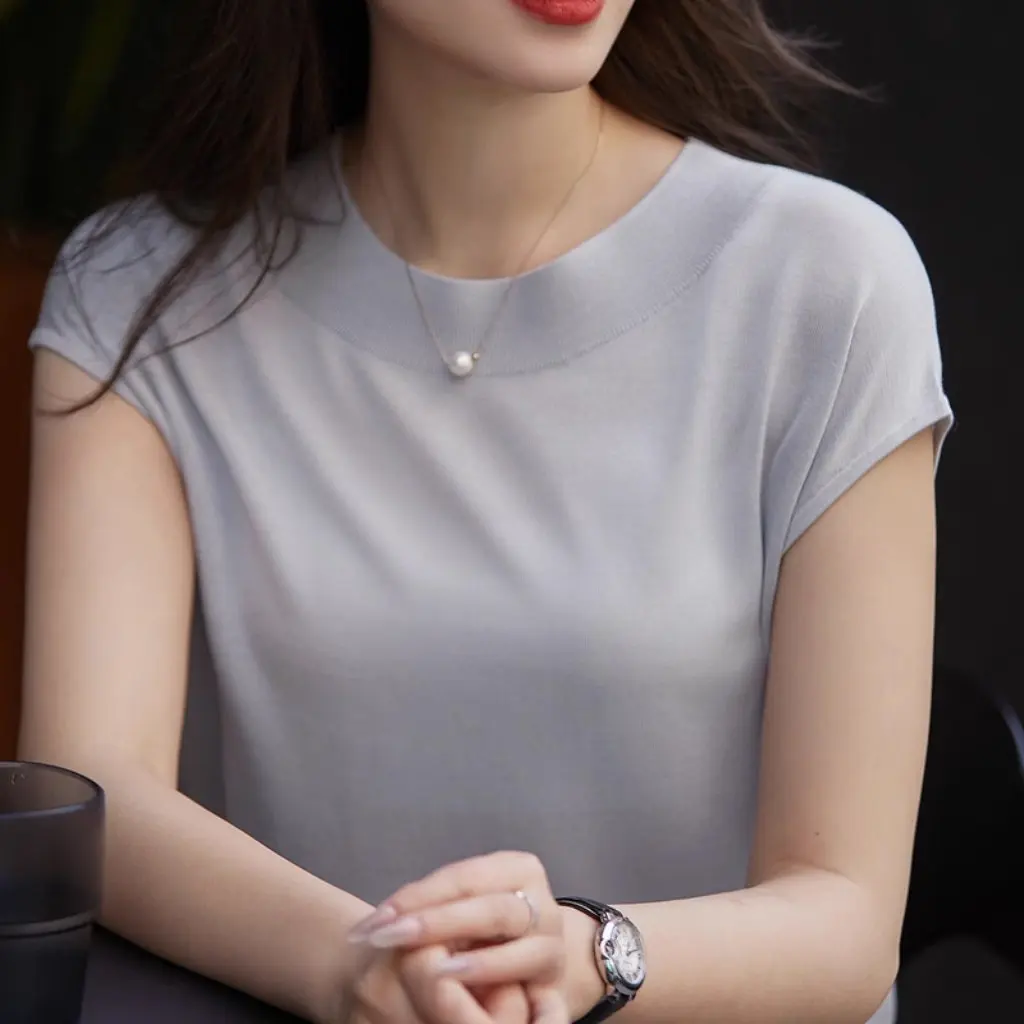 

Женская шелковая футболка с круглым вырезом, трехточечный дышащий вязаный летний топ с короткими рукавами, простая трикотажная рубашка для женщин