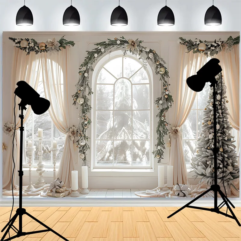 

Merry Christmas Day Tree Balls Photography Backdrops Fireplace Winter Xmas Plant Family Party New Years Background XH-77