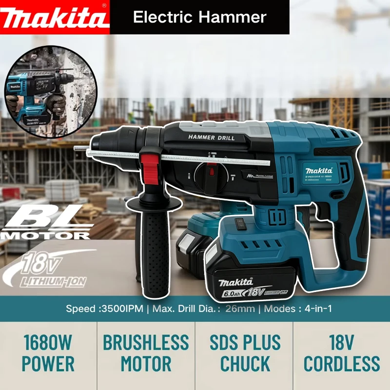 

Makita Brushless Electric Hammer 18V Lithium Battery 26MM Cordless Hammer Wireless Drills For Makita 18v Power Tools
