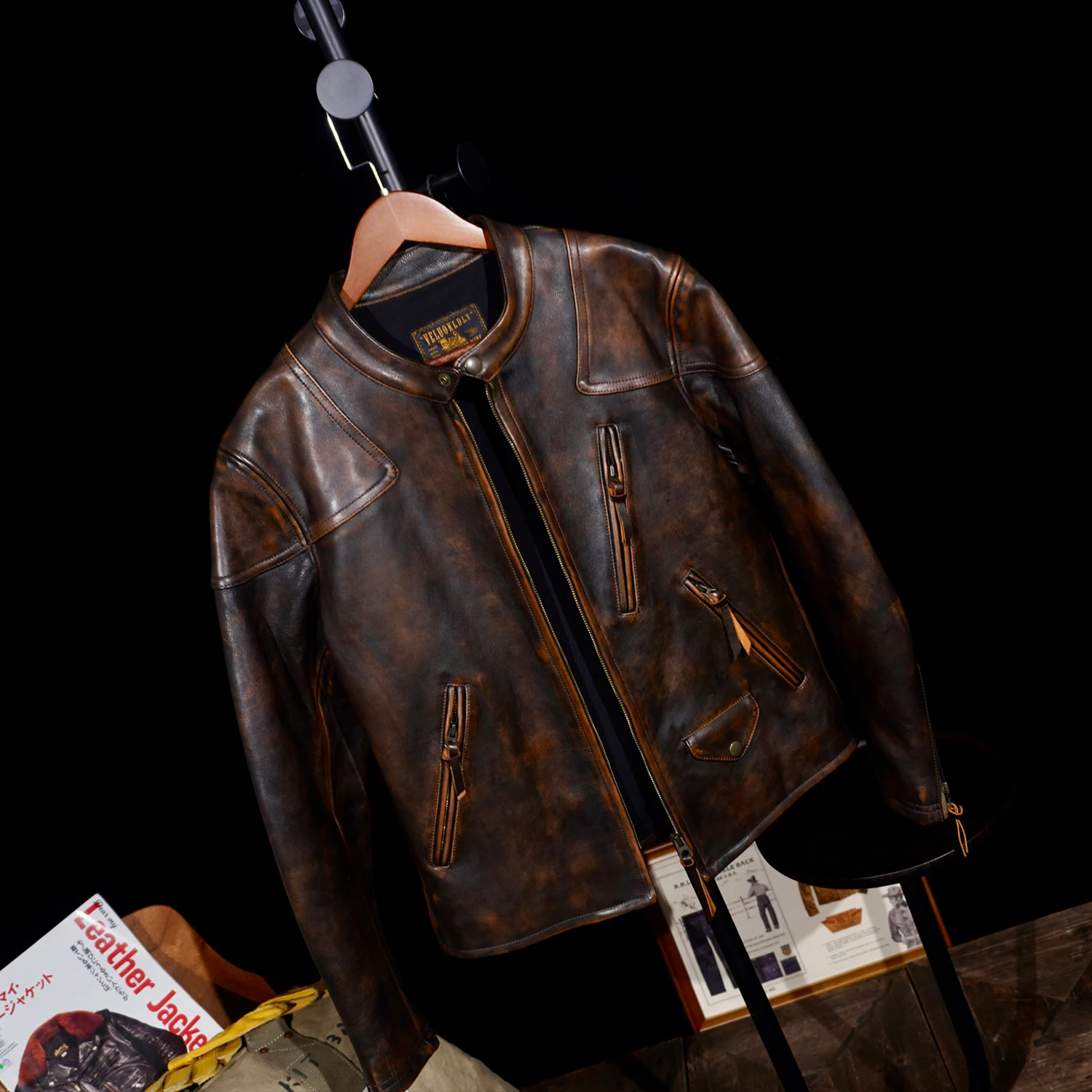 Tailor Brando American Vintage Full Grain Handaged Tea Core Cowhide Venom Men's Classic Genuine  Leather Biker Jacket