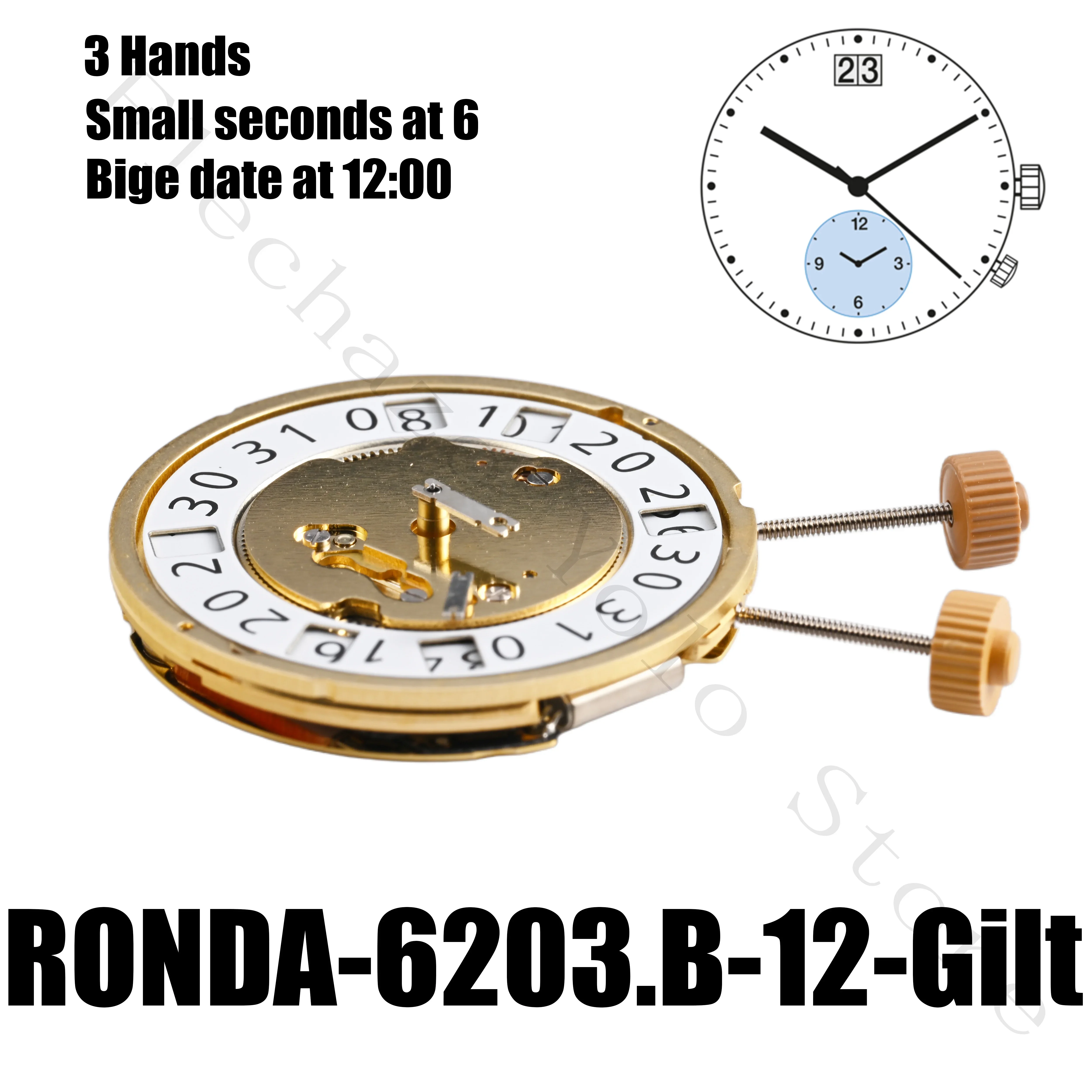 أجزاء إصلاح حركة ساعة كوارتز لروندا 6203.B حركة ساعة مذهبة 3 عقارب تاريخ عند 12 مع ملحقات البطارية #1