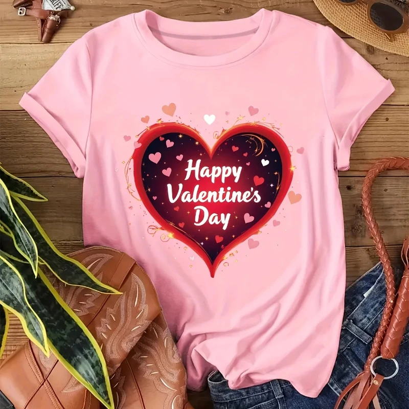 

Women's Short Sleeve T-Shirt Valentine's Day Graphic Print with Heart Sparkling Stars Happy Valentine's Day Aesthetic Clothes