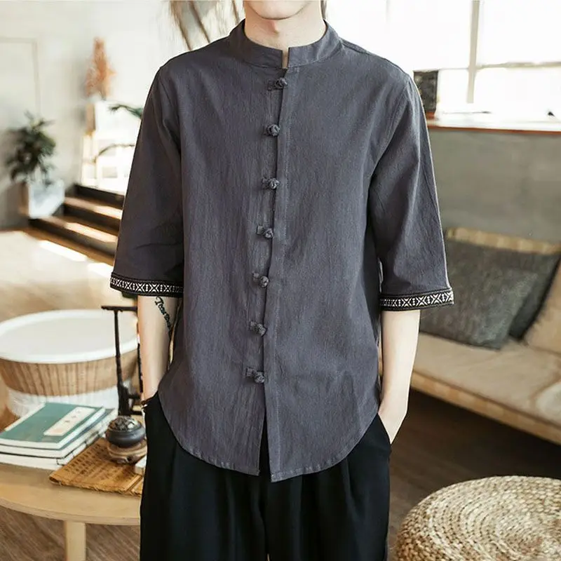 

New Men's Summer Chinese Style Linen Short Sleeve Disc Button Cotton Linen Stand Collar Shirt Loose Martial Arts Casual Jacket